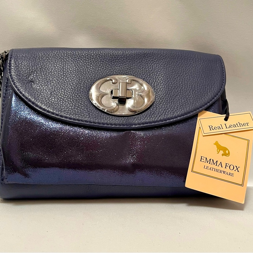 Emma Fox shoulder, clutch, navy, leather, shine, NWT
